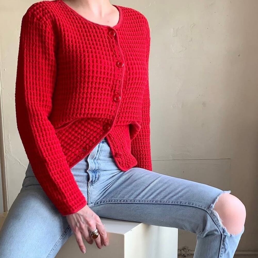 Vintage Cindy Bai Red Waffle Knit Cotton Cardigan Sweater S
